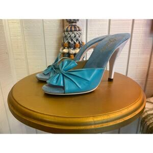 vintage 1970s aqua leather high heel mules 70s shoes Onex pin up 50s style 5 6